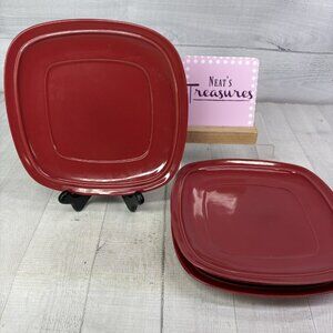 Home Trends CANOPY RED Cranberry Embossed Square Porcelain Salad Plates Set of 4
